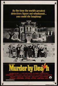 6p611 MURDER BY DEATH 1sh '76 great Charles Addams artwork of cast by dead body & spooky house!
