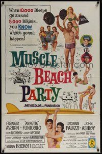 6p614 MUSCLE BEACH PARTY 1sh '64 Frankie & Annette, 10,000 biceps & 5,000 bikinis!