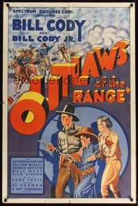 6p665 OUTLAWS OF THE RANGE 1sh '36 Bill Cody & Bill Cody Jr., cool western artwork & title!