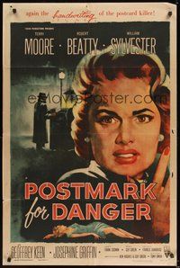 6p693 POSTMARK FOR DANGER 1sh '55 Terry Moore is hunted by the postcard killer!