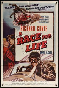 6p701 RACE FOR LIFE 1sh '54 cool car racing artwork, every curve cries DANGER!