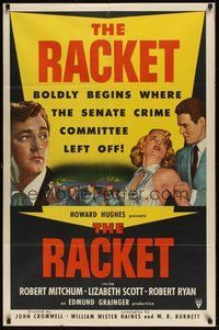 6p704 RACKET 1sh '51 Robert Ryan grabs sexy Lizabeth Scott, Robert Mitchum, Howard Hughes!