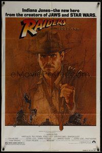 6p710 RAIDERS OF THE LOST ARK 1sh '81 great art of adventurer Harrison Ford by Richard Amsel!