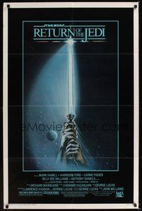 6p726 RETURN OF THE JEDI 1sh '83 George Lucas classic, great artwork of hands holding lightsaber!