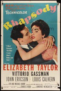 6p730 RHAPSODY 1sh '54 Elizabeth Taylor must possess Vittorio Gassman, heart, body & soul!