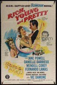 6p731 RICH, YOUNG & PRETTY 1sh '51 Jane Powell is romanced in Paris France, Danielle Darrieux!