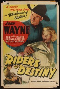 6p733 RIDERS OF DESTINY 1sh R47 John Wayne in a whirlwind of action, Cecilia Parker!