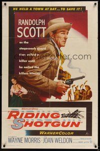 6p736 RIDING SHOTGUN 1sh '54 great image of cowboy Randolph Scott with smoking gun!