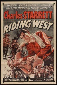 6p737 RIDING WEST 1sh '43 artwork of Charles Starrett fighting with Native American!