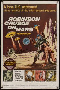 6p742 ROBINSON CRUSOE ON MARS 1sh '64 sci-fi art of Paul Mantee & his man Friday Victor Lundin!