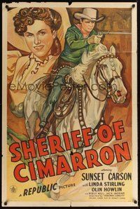 6p781 SHERIFF OF CIMARRON 1sh '45 cool artwork of cowboy Sunset Carson riding & shooting!