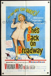 6p780 SHE'S BACK ON BROADWAY 1sh '53 full-length sexy Virginia Mayo wearing only shirt!
