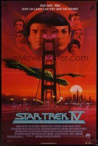 6p825 STAR TREK IV 1sh '86 cool art of Leonard Nimoy & William Shatner by Bob Peak!