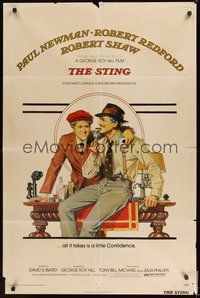 6p834 STING 1sh '74 best artwork of con men Paul Newman & Robert Redford by Richard Amsel!