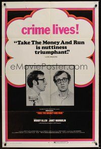 6p862 TAKE THE MONEY & RUN 1sh '69 wacky Woody Allen mugshot in classic mockumentary!