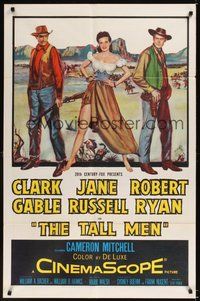 6p864 TALL MEN 1sh '55 full-length art of Clark Gable, sexy Jane Russell showing leg, Robert Ryan!