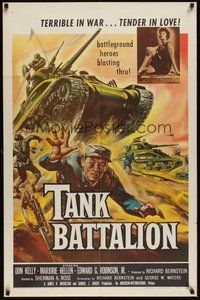 6p867 TANK BATTALION 1sh '57 cool artwork of Korean War battleground heroes blasting thru!