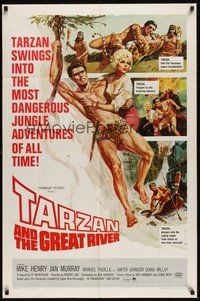 6p869 TARZAN & THE GREAT RIVER 1sh '67 art of Mike Henry in the title role w/sexy Diana Millay!