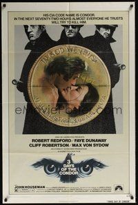 6p009 3 DAYS OF THE CONDOR 1sh '75 secret agent Robert Redford & Faye Dunaway!