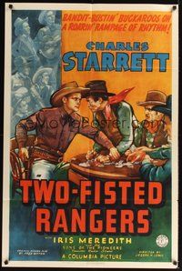 6p931 TWO-FISTED RANGERS 1sh '39 Charles Starrett on a roarin' rampage of rhythm, cool poker art!