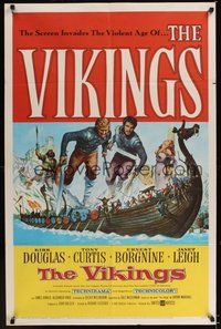 6p950 VIKINGS 1sh '58 art of Kirk Douglas, Tony Curtis & sexy Janet Leigh on long ship!