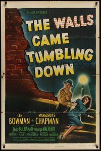 6p959 WALLS CAME TUMBLING DOWN 1sh '46 Lee Bowman, Marguerite Chapman, cool crime artwork!