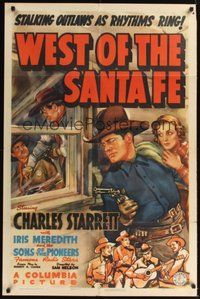 6p965 WEST OF THE SANTA FE 1sh '38 cool art of Charles Starrett sneaking up on the bad guys!