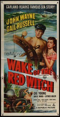 6r055 WAKE OF THE RED WITCH 3sh R52 art of barechested John Wayne & Gail Russell at ship's wheel!
