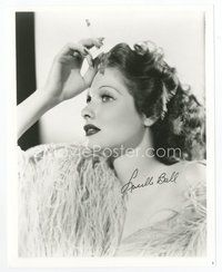 6s335 LUCILLE BALL signed 8x10 REPRO still '80s portrait in feathered outfit & holding cigarette!