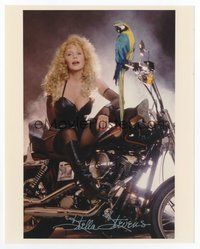 6s377 STELLA STEVENS signed color 8x10 REPRO still '90s wacky portrait on motorcycle with parrot!