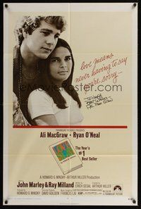 6s037 LOVE STORY signed 1sh '70 by Ali McGraw, who's in romantic close up with Ryan O'Neal!