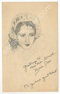 6s102 BILLIE DOVE signed 5x9 drawing '90 on a pencil drawing of her from a fan!