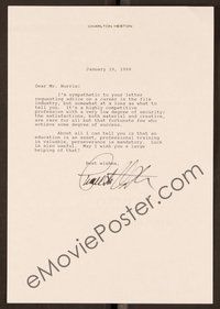 6s104 CHARLTON HESTON signed letter '88 giving career advice to a would-be actor!