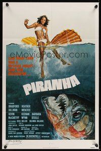 6s044 PIRANHA signed 1sh '78 by Kevin McCarthy, great art of man-eating fish & sexy girl by Solie!