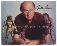 6s359 RAY HARRYHAUSEN signed color 8x10 REPRO still '90s the great animator with 3 of his creations