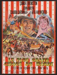 6t209 CIRCUS WORLD French 15x21 '65 great artwork of Claudia Cardinale & John Wayne by Mascii!