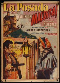 6t002 JAMAICA INN Mexican poster '39 Alfred Hitchcock, art of Laughton pointing gun at O'Hara!