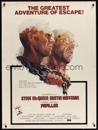6w125 PAPILLON 30x40 '73 great art of prisoners Steve McQueen & Dustin Hoffman by Tom Jung!