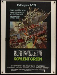 6w133 SOYLENT GREEN 30x40 '73 art of Charlton Heston trying to escape riot control by John Solie!