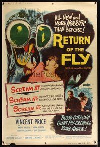 6w195 RETURN OF THE FLY 40x60 '59 Vincent Price, insect monster art, more horrific than before!