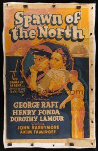 6w202 SPAWN OF THE NORTH other company 40x60 '38 art of George Raft, Dorothy Lamour & Henry Fonda!