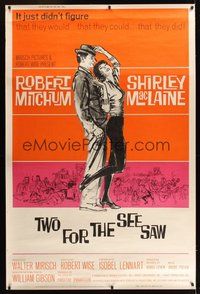 6w209 TWO FOR THE SEESAW style Z 40x60 '62 Robert Mitchum & sexy beatnik Shirley MacLaine!