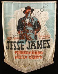 6w001 JESSE JAMES silk cloth banner '39 great art of most famous outlaw Tyrone Power!
