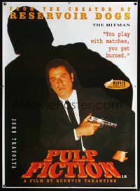6w055 PULP FICTION English 39x55 commercial poster '94 great portrait of John Travolta with gun!