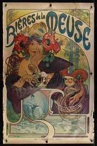 6w030 BIERES DE LA MEUSE commercial 34x53 '67 French beer, great artwork by Alphonse Mucha!