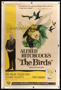 6x002 BIRDS linen 40x60 '63 Alfred Hitchcock shown + art of Tippi Hedren attacked by birds!