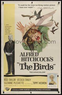 6x010 BIRDS linen 1sh '63 full-length Alfred Hitchcock + art of Tippi Hedren attacked by birds!