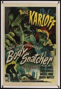 6x011 BODY SNATCHER linen 1sh '45 best art of Boris Karloff close up & robbing body from graveyard!