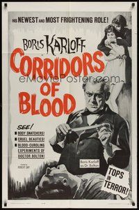 6x164 CORRIDORS OF BLOOD 1sh '63 Boris Karloff, Christopher Lee, blood-curdling experiments!