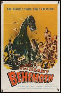 6x203 GIANT BEHEMOTH 1sh '59 cool art of massive brontosaurus dinosaur monster smashing city!
